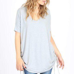 New Zenana Premium V-Neck Top Adjustable Ruching Side Tie Lite Gray sz L